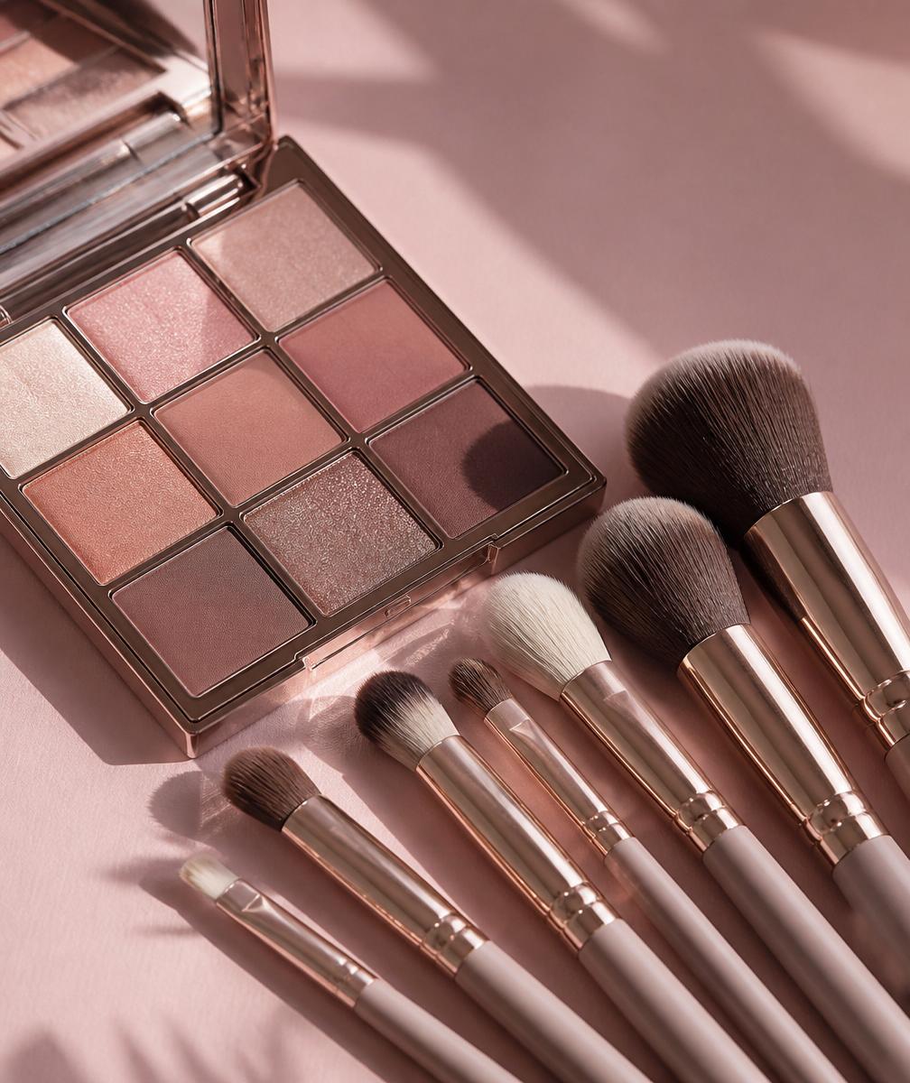 Set de brochas de maquillaje y paleta de sombras en tonos rosados
